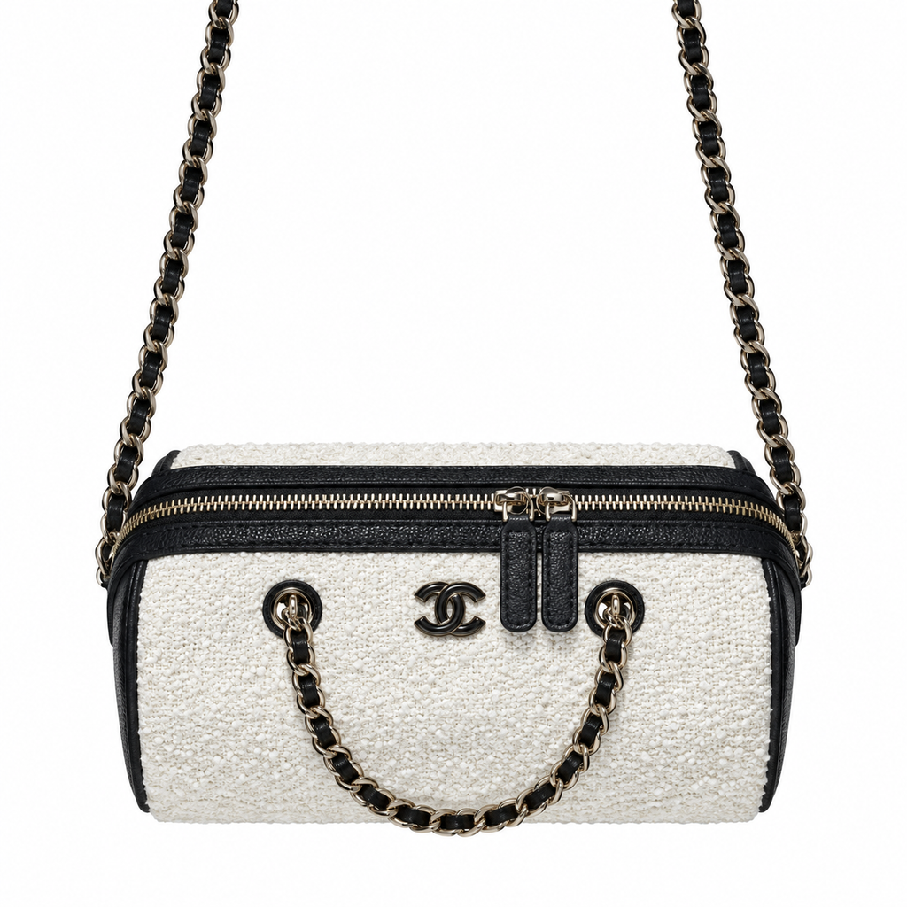 Chanel Tweed Camera Bag White Black Silver CC 18.5cm