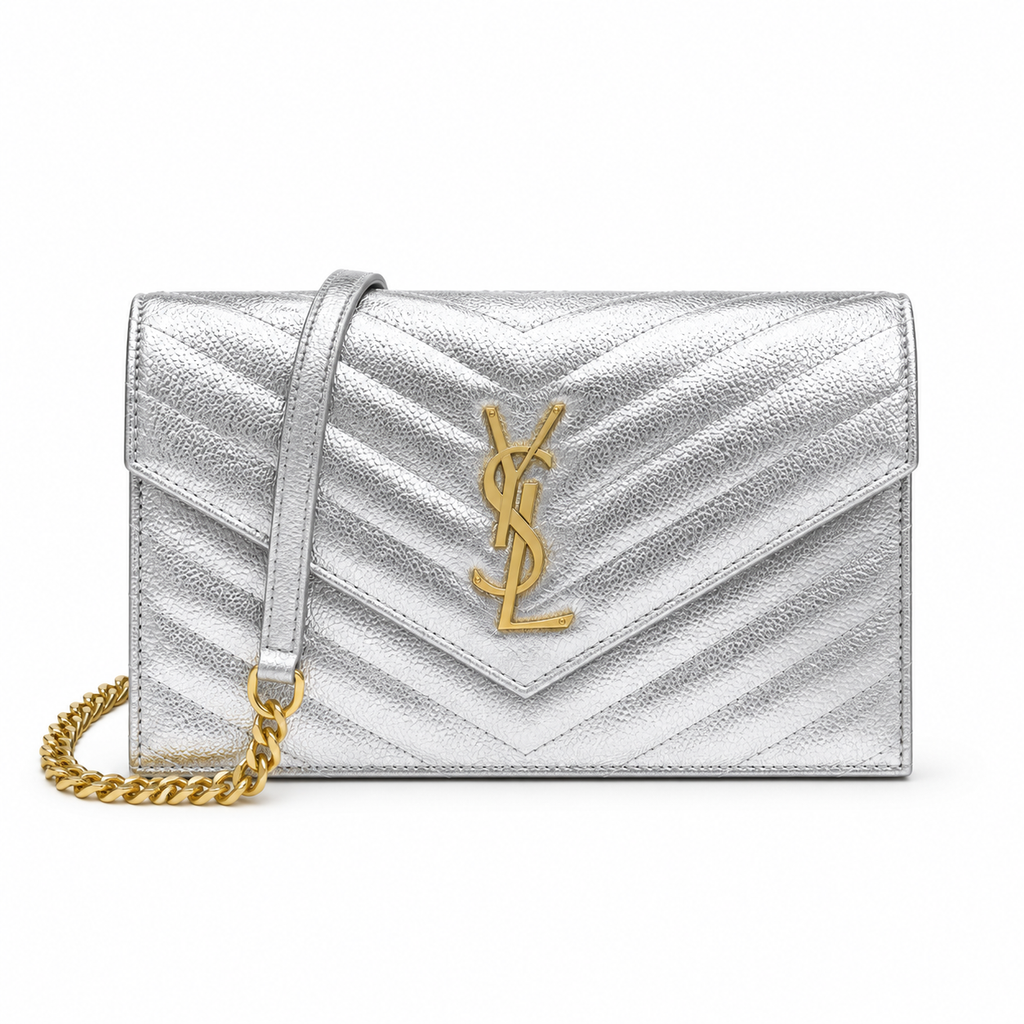 YSL Saint Laurent Envelope Chain Wallet in Silver Matelassé Leather
