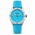 Blancpain Fifty Fathoms Bathyscaphe turquoise dial with white ceramic bezel and turquoise canvas strap