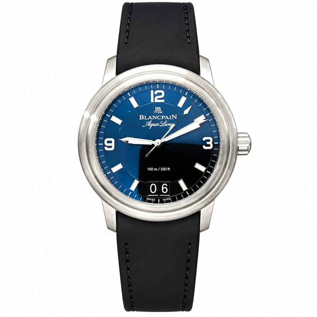 Blancpain Aqua Lung two-tone navy blue black dial large jump date stainless steel stepped bezel black rubber strap automatic sport watch