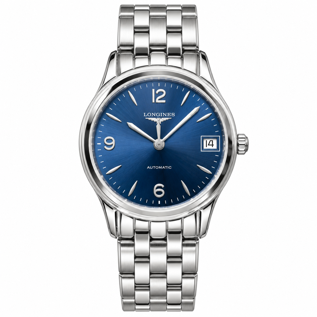 Longines Record automatic watch with blue sunray dial and stainless steel bracelet