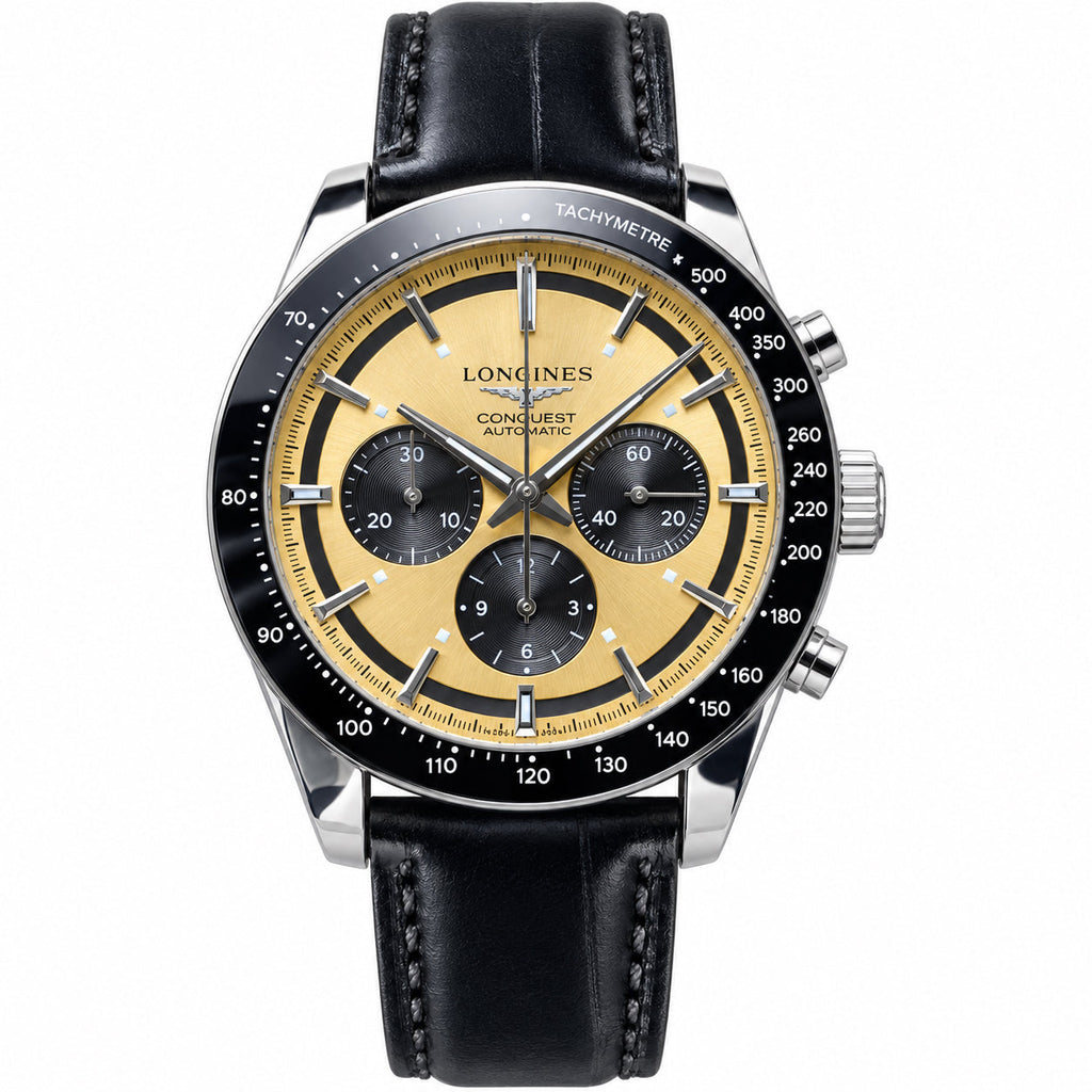 Longines Conquest Chronograph – Champagne Dial Black Bezel Leather Strap