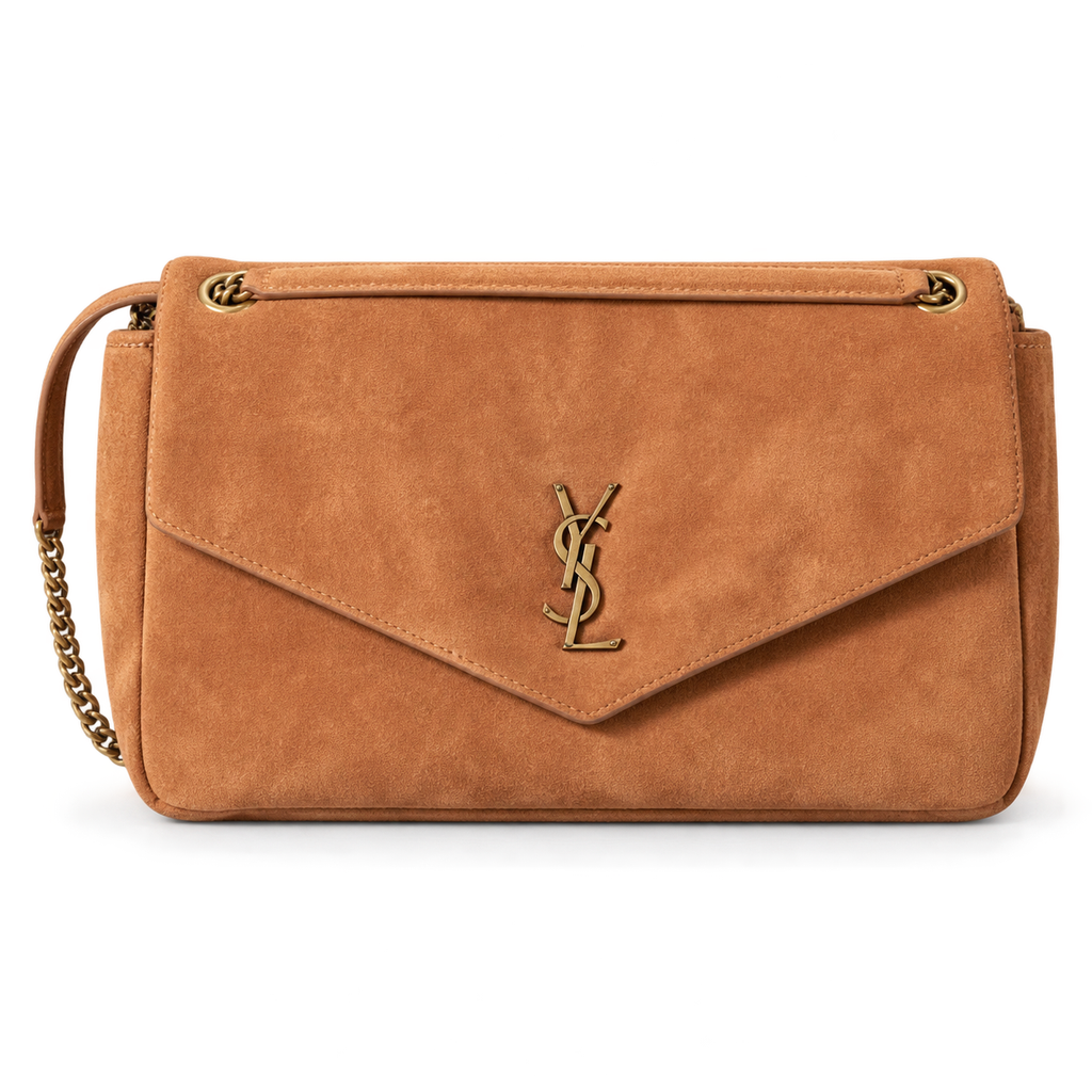 Saint Laurent YSL Calypso envelope chain crossbody bag in caramel suede leather with gold YSL monogram hardware