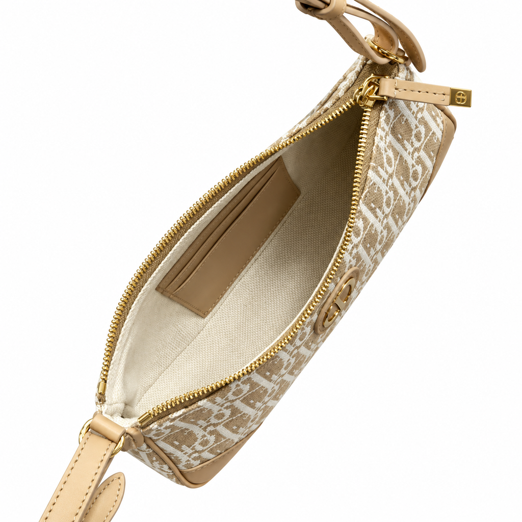 Dior Oblique Jacquard Zip Pochette in Beige with Adjustable Strap