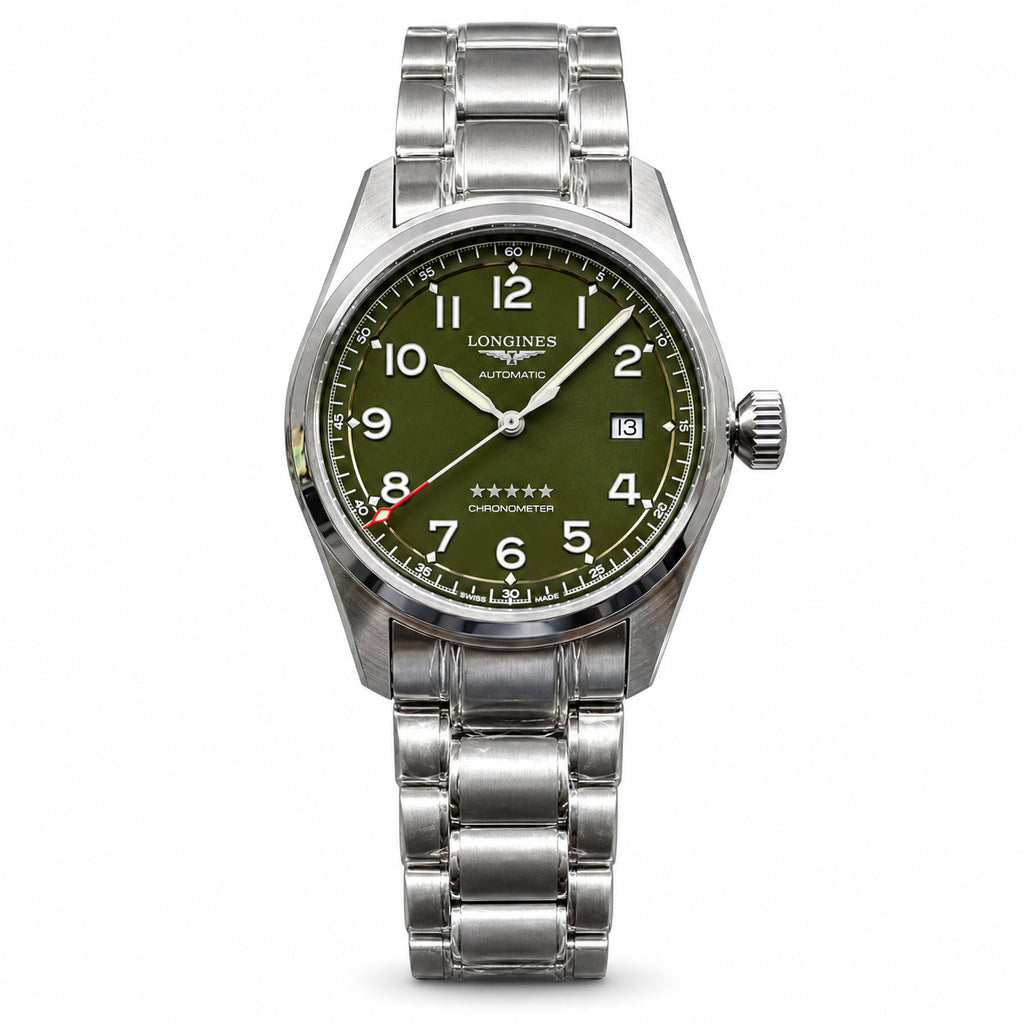 Longines Spirit military green dial stainless steel bracelet automatic chronometer pilot watch