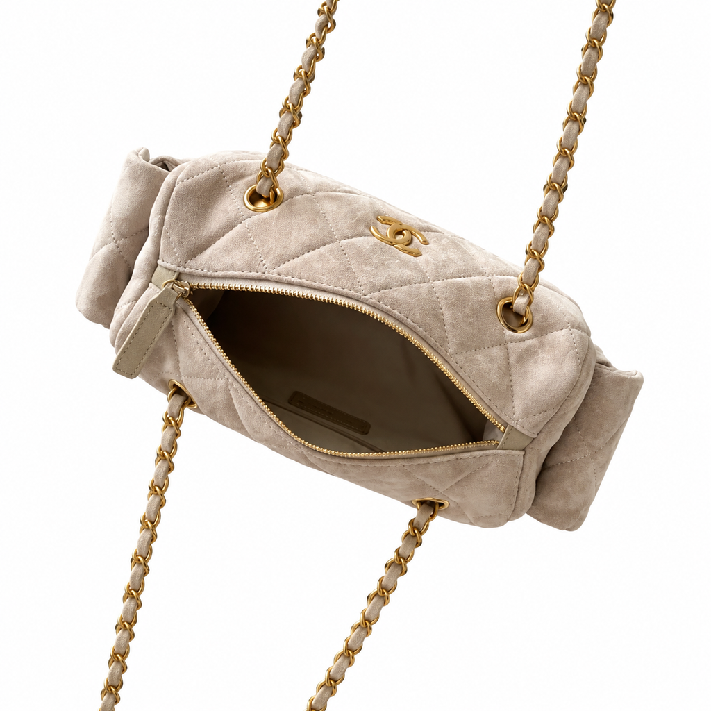 Chanel Quilted Off-White Suede Camera Bag with Gold CC Logo